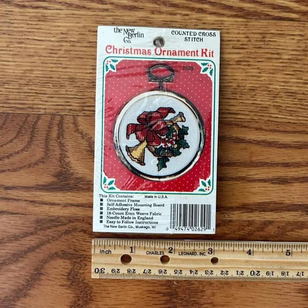 Vintage 80s christmas ornament cross stitch kit french horn, holly, ribbon diy